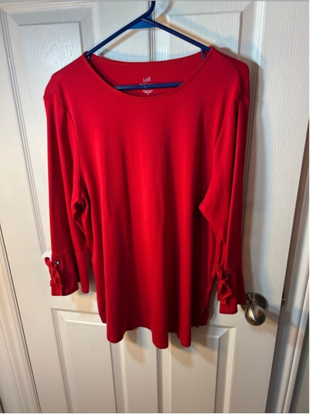 J.Jill Bright Red Long-Sleeve Top Pima Cotton Tie-sleeve tee size XL - Picture 2 of 5